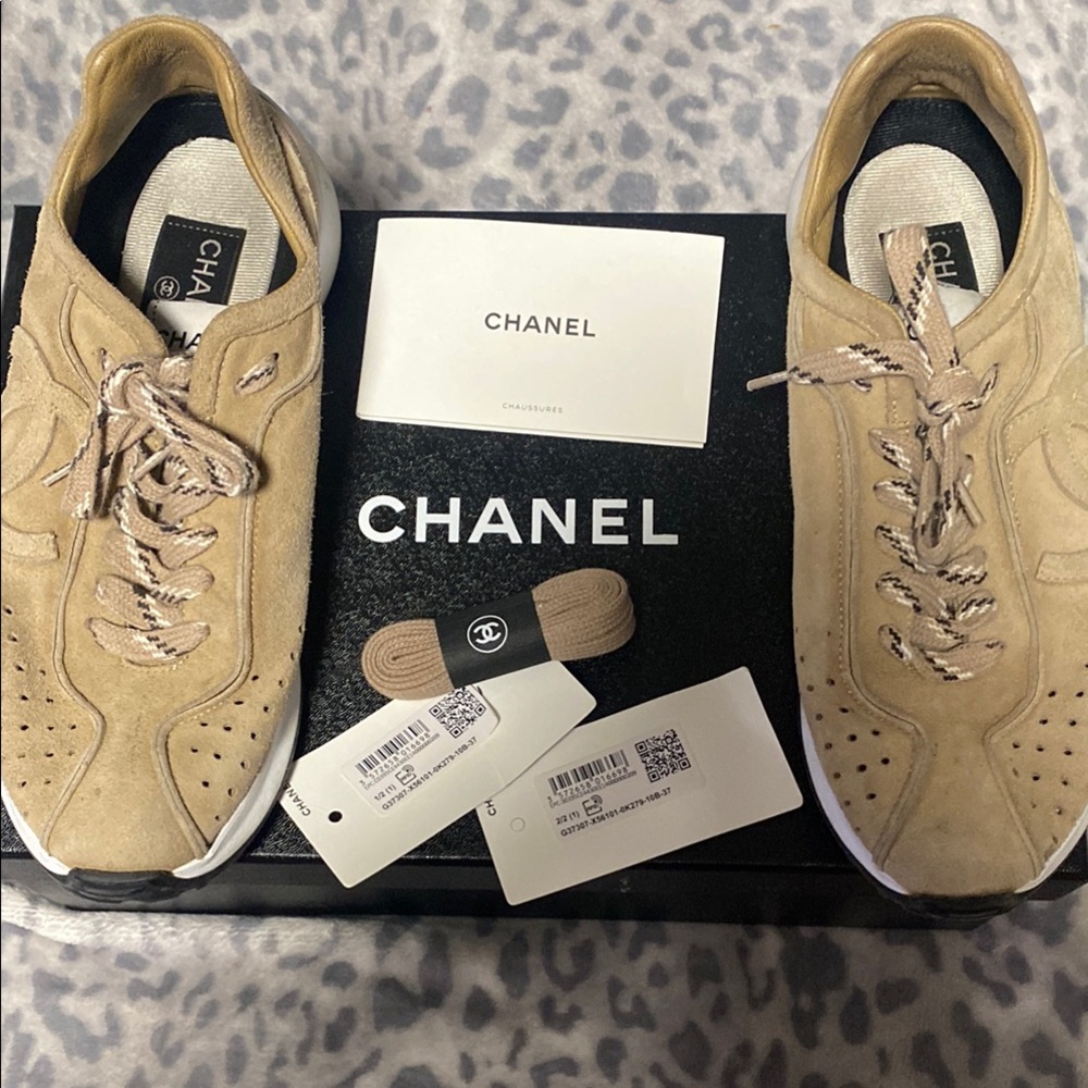CHANEL Tan Athletic Shoes with Suede Upper and White Sole